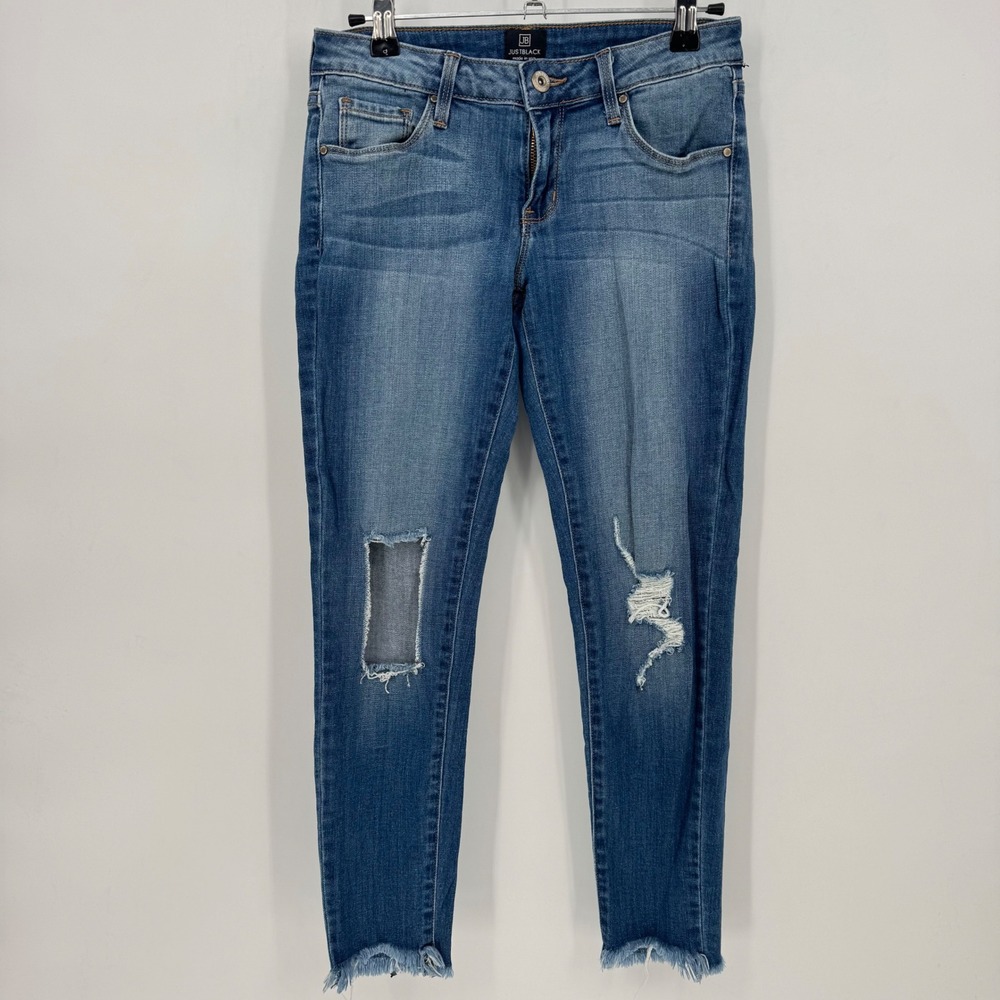 JUST BLACK Women's Size 26 Blue Denim Jeans Distressed Patchwork Fray Hem Skinny